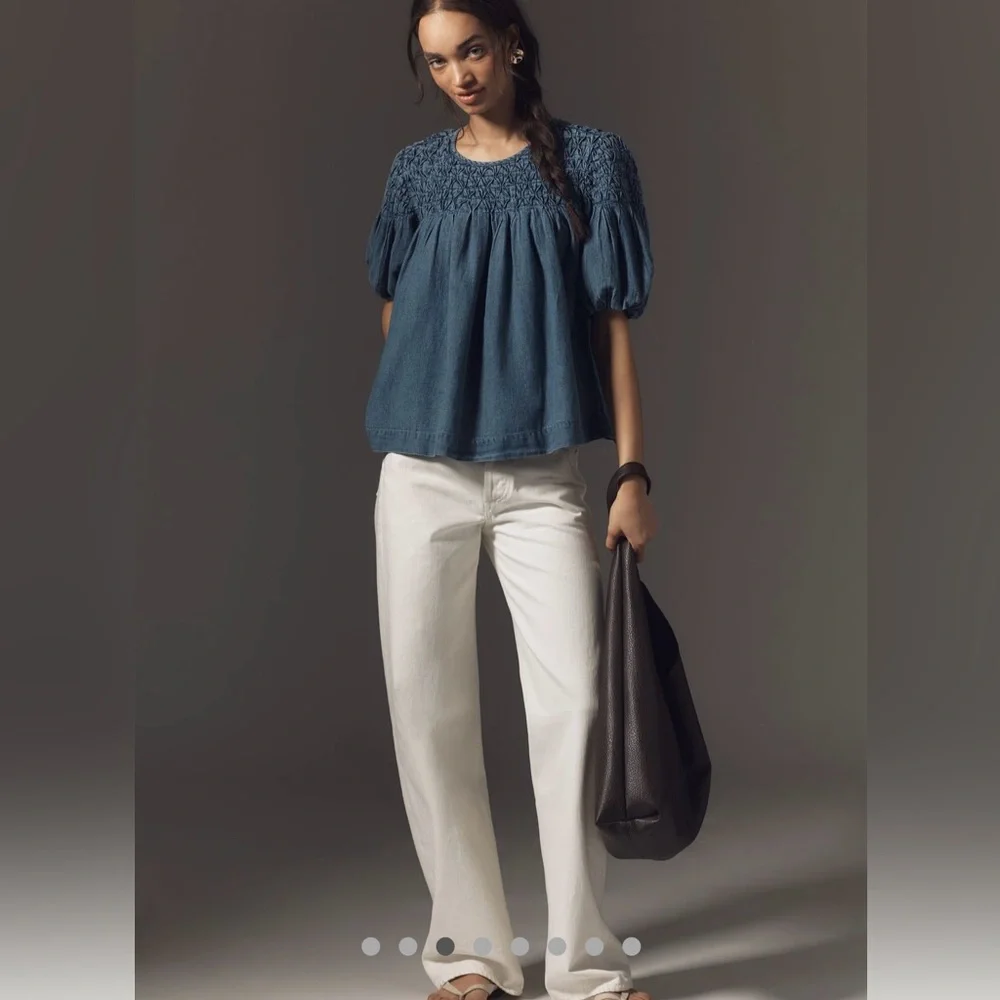 Anthropologie Women's Blue Liza Smocked Top with puff sleeves Large - Picture 5 of 9
